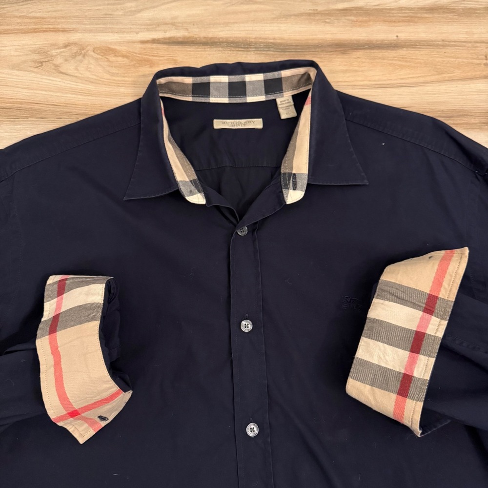 Burberry Brit Mens XL Navy Blue Nova Check Trim Long Sleeve Button Down Shirt